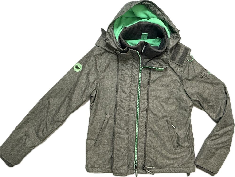 SUPERDRY US Sz 4 XS Windcheater Pop Zip Arctic SD Jacket Fleece Hood Gray Green